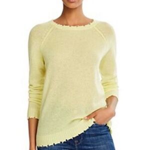 Minnie Rose Butter Yellow Distressed Fringed Cashmere Crew Neck Sweater S